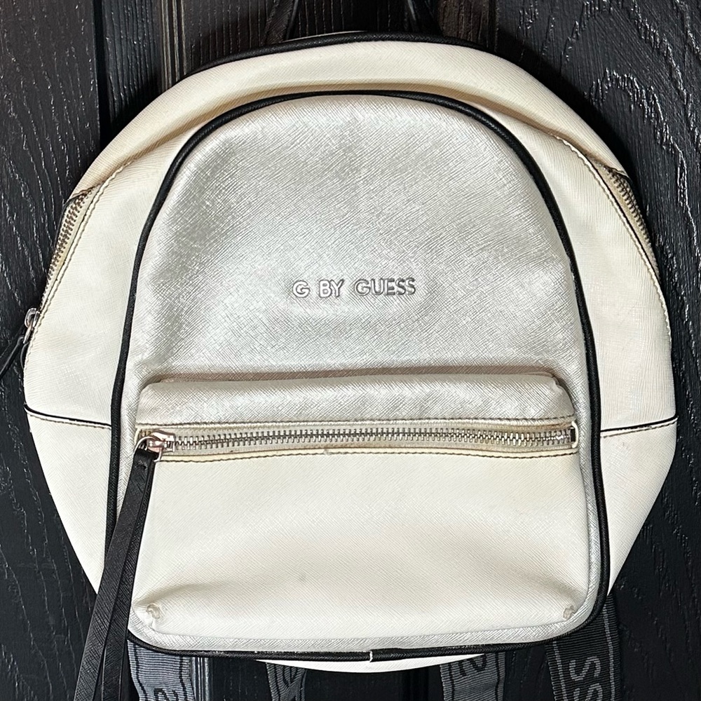 Guess Mini White Logo 3 Compartment Backpack with Adjustable Straps Zipper